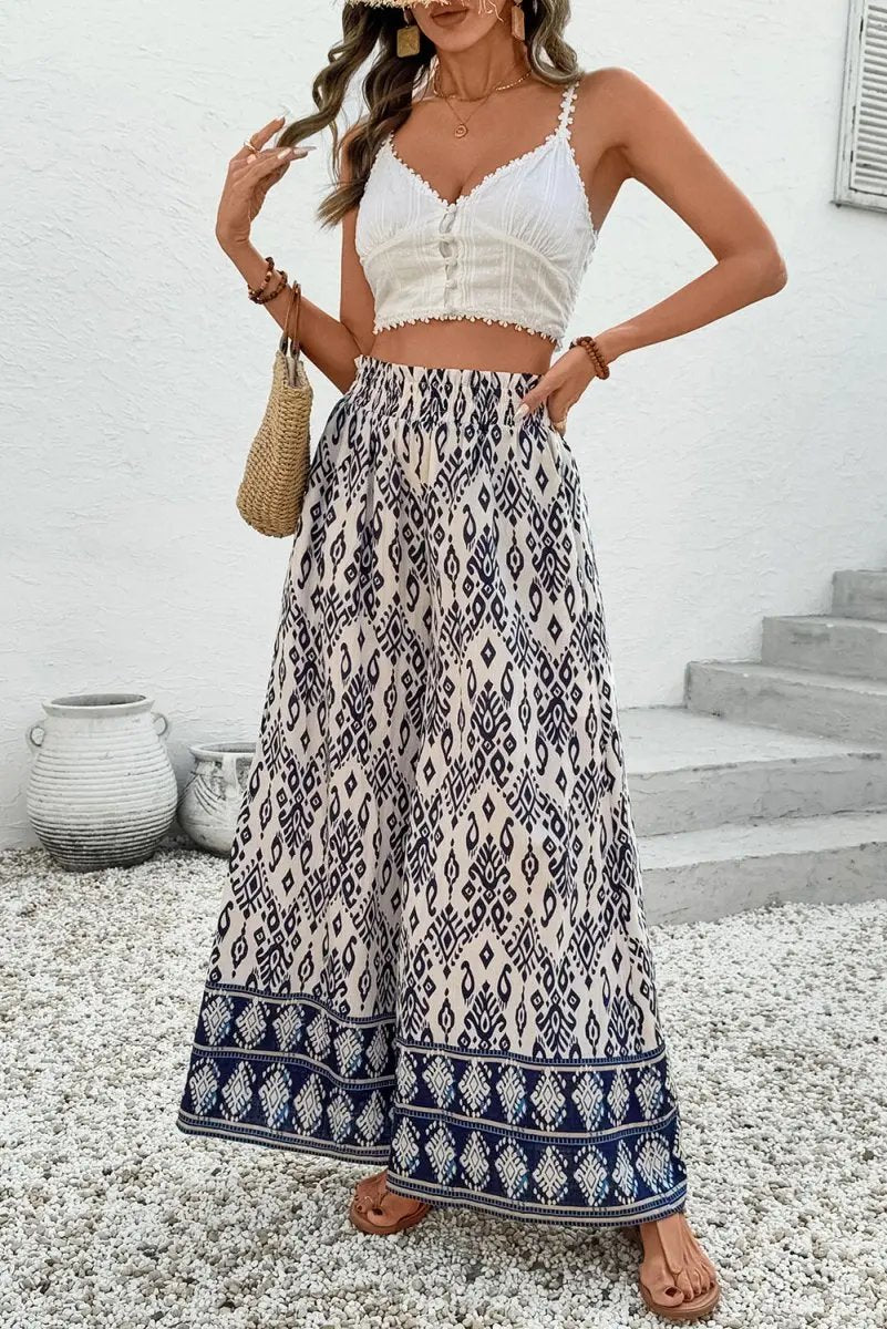 Blue Boho Pattern Print High Waist Wide Leg Loose Pants - Love Salve
